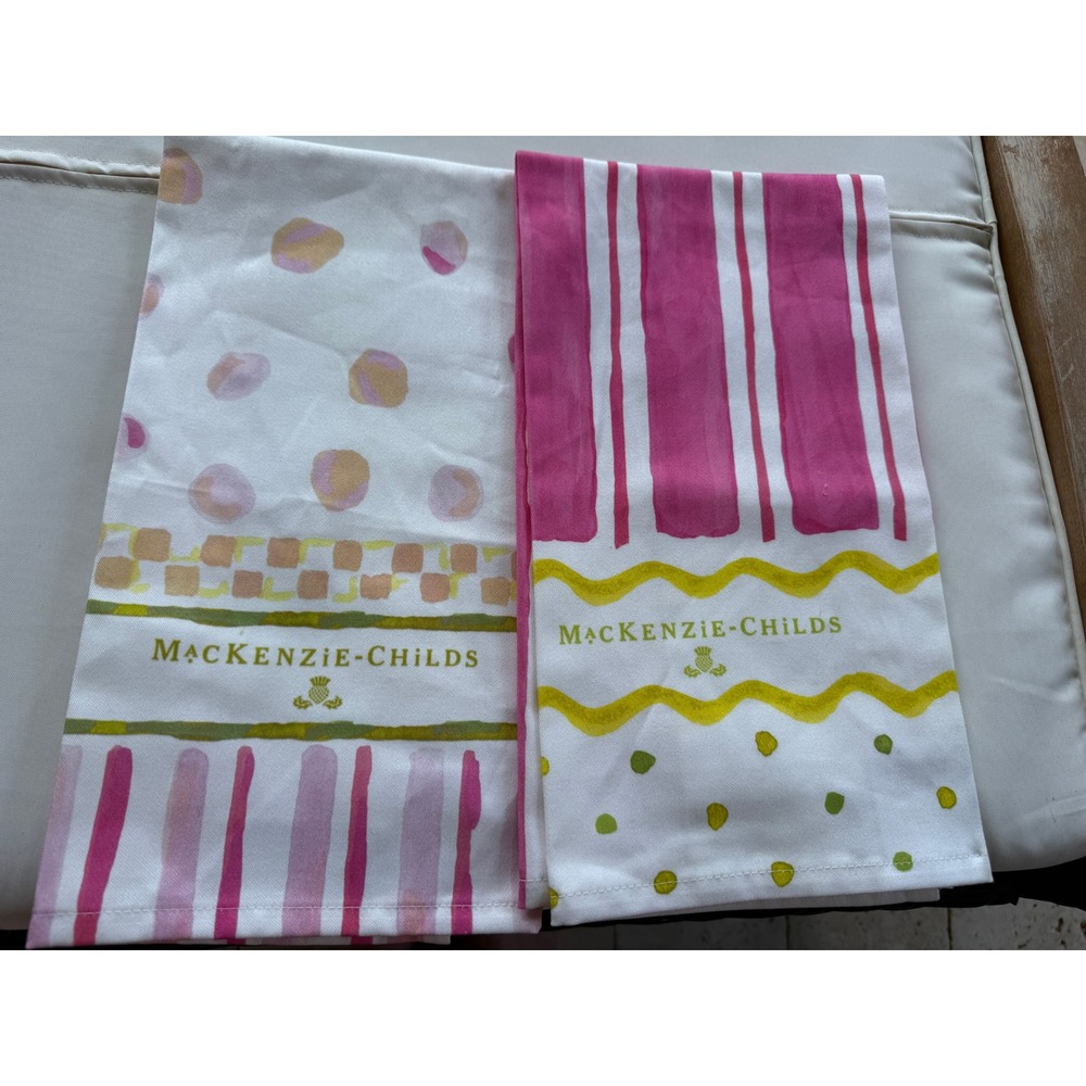 MacKenzie-Childs Stripe & Dot Dish Towels Set of 2 Pink Yellow Cotton